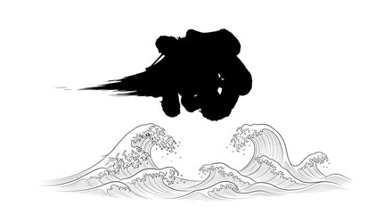 Bold Japanese calligraphy character meaning 'strength' above dynamic crashing waves art