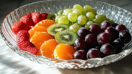 Fresh and Colorful Mixed Fruit Bowl with Strawberries, Slices, Kiwi, and Grapes in a Glass Dish, Brightly Lit for a Healthy and Vibrant Snack