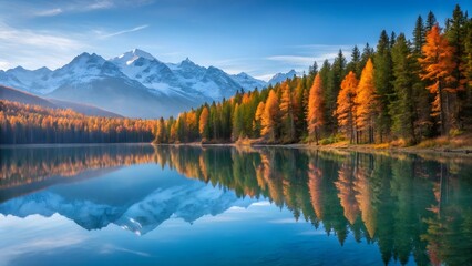 Fototapeta premium Tranquil Alpine Lake with Autumn Forest Reflection and Snowy Mountain Peaks