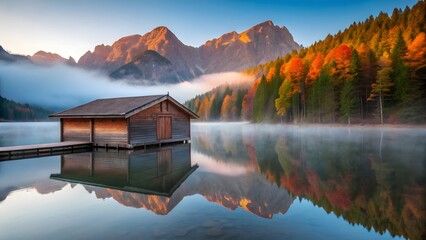 Tranquil Alpine Lake at Sunrise with Wooden Boathouse and Autumn Forest Reflection