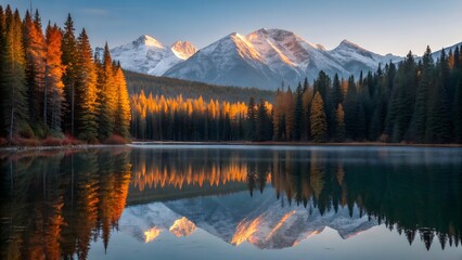 Obraz premium ranquil Alpine Lake at Sunrise with Autumn Forest Reflection and Snowy Mountain Peaks