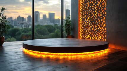 Modern Interior Design with Illuminated Round Platform and Panoramic City Skyline View at Sunset, Featuring Glowing Abstract Wall Panel and Potted Plants