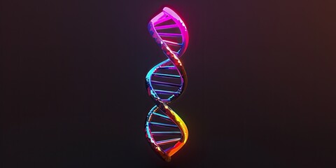 Vibrant, stylized 3D rendering of a triple helix DNA structure against a dark background, showcasing iridescent colors and a glossy finish