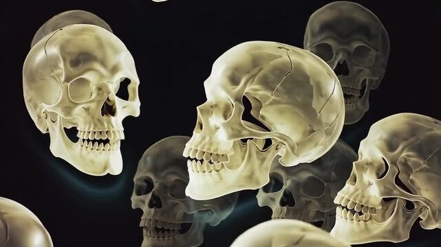 Mysterious, ethereal skulls float in a dark, cosmic expanse, evoking themes of mortality and the unknown.