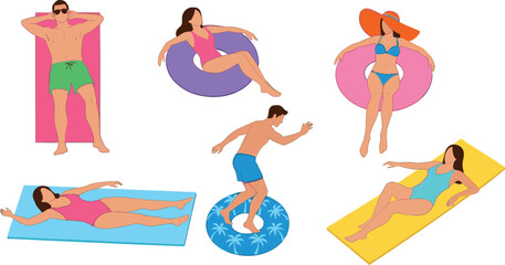 Summer Swimwear Leisure Illustration – Diverse People Relaxing on Towels and Float Rings for Vacation, Lifestyle, Wellness, and Commercial Design Use
