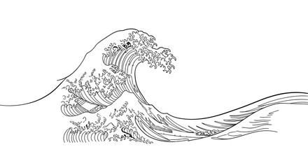 Elegant line art of a powerful ocean wave cresting on white for minimalist design projects