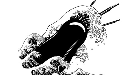 Dramatic black and white wave art with bold surfboard graphic for edgy designs and powerful statements