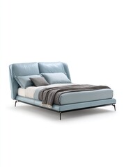 Obraz premium Light blue leather bed with a low profile, padded headboard, and slim metal legs. A grey throw is draped across the bed