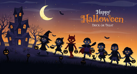 Silhouette of children trick-or-treating on Halloween night, near haunted house, under crescent moon, conveying spooky fun and festive spirit