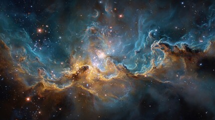 Fototapeta premium Majestic Cosmic Nebula Swirls of Turquoise, Gold, and Deep Space Hues.