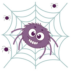 Cheerful fluffy purple cartoon spider smiling broadly in a web with transparent background