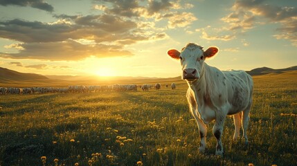 Majestic white cow stands in a golden wildflower meadow, looking directly at the camera, with a herd of cattle grazing in the sun-drenched field and rolling hills under a vibrant sunset sky.