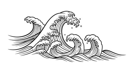 Dynamic crashing ocean waves in a bold, artistic black and white Japanese style