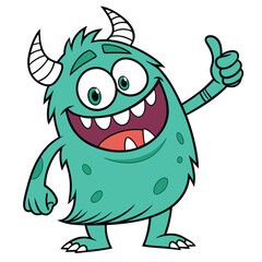 Fototapeta premium Happy turquoise cartoon monster gives thumbs up with a big smile on transparent background
