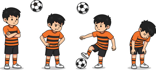 Soccer tween boy, orange striped jersey, cartoon illustration, emotions and actions, four poses, soccer ball, playful character, sports youth, facial expressions