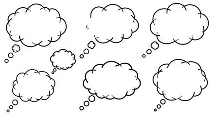 Six white thought bubbles of varying sizes are arranged on a white background, suggesting ideas or communication.