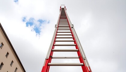 Tall red and white extension ladder against cloudy sky, looking up
