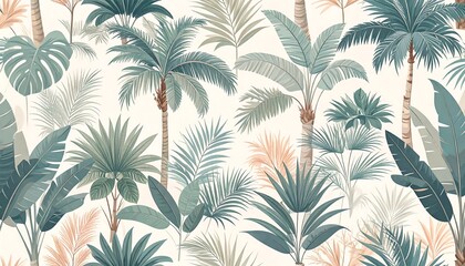 Seamless tropical pattern with various palm trees and foliage. Muted greens and beige tones