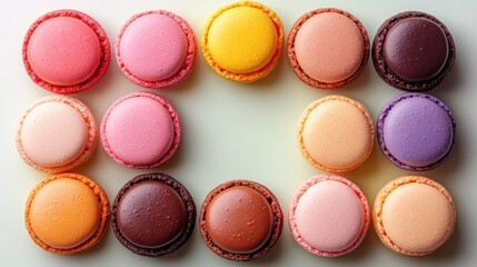 Vibrant Assortment of Colorful French Macarons Arranged in a Rectangle on a Soft Pastel Green Background, Overhead View