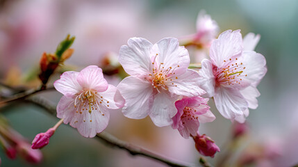 Obraz premium Cherry blossoms blooming on branches in spring with delicate pink petals and green soft background bringing a sense of tranquility and beauty to nature's landscape.