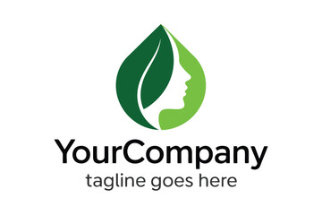 Green leaf and female profile logo with company text. Beauty and Fashion Logo