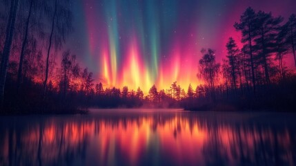 Vibrant Aurora Borealis Dances Over a Silhouetted Forest and Reflects in a Calm Lake at Night