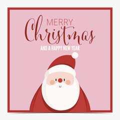 Merry Christmas cute greeting card, postcard, invitation with chubby Santa Claus on pink background, vector illustration