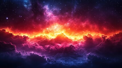 Vibrant Cosmic Nebula with Fiery and Red Clouds Blending into Purple and Blue under a Starry Sky