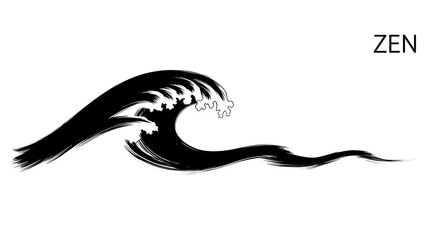 Powerful black ink wave crashes with 'ZEN' text, evoking calm and nature's force