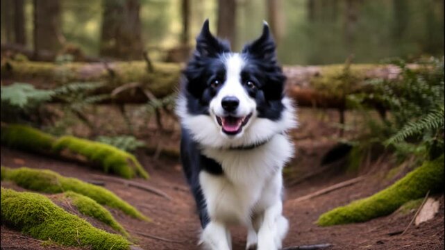 Border collie leaping over log in forest, dynamic action, lively energetic outdoor adventure.
