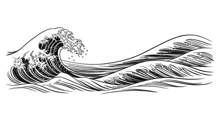 Dynamic ink sketch captures powerful ocean waves crashing with dramatic energy and motion