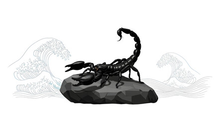 Powerful black scorpion poised on rock amidst stylized ocean waves, symbolizing danger and strength