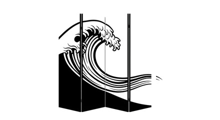 Dynamic Japanese wave art screen divider, modern minimalist design, capturing ocean power and elegance