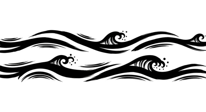 Dynamic black ink waves create a powerful, modern ocean border design