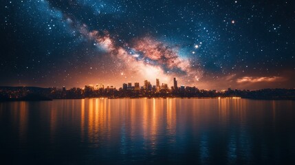 Naklejka premium Breathtaking Milky Way Galaxy Arches Over a Dazzling City Skyline at Night, with Golden Lights Reflecting on Serene Waters