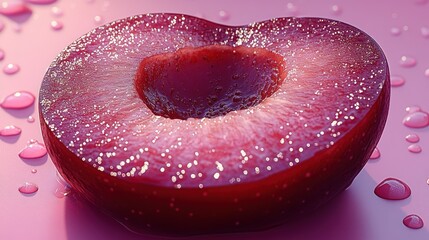 Vibrant Macro Close-Up of a Sliced Red Plum or Cherry Half, adorned with Shimmering Particles and surrounded by Pink Liquid Droplets on a Soft Magenta Surface