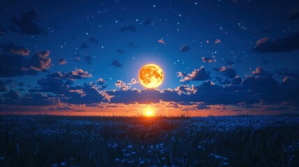 Magical Twilight Sky with Moon and Setting Sun Over a Starry Field of Wildflowers