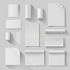 A flatlay showcasing various blank paper stationery items, including sheets, rolls, and cards,  arranged on a neutral gray background with subtle drop shadows