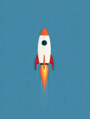 A stylized rocket ship ascends against a muted blue backdrop, its flame trail adding a sense of motion and dynamism to the minimalist composition
