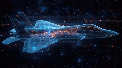 F-35 Stealth Fighter Wireframe Blueprint with Internal Data Flow Visualization in Cosmic Digital Space