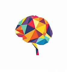 A vibrant, low-poly illustration of a human brain, depicted in a colorful geometric style against a white background