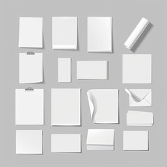 A digital illustration showcases an array of blank stationery items, including sheets of paper, envelopes, notepads, and a rolled-up poster, all arranged neatly against a neutral gray backdrop