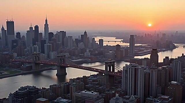 Aerial Landscape of Brooklyn Bridge in Manhattan New York in United States . City Sunset.