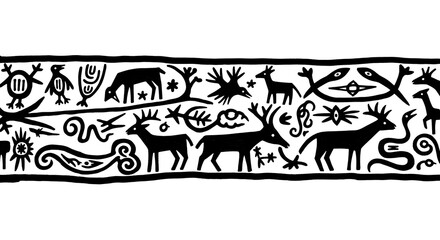 Tribal inspired black and white border design featuring animals and abstract symbols