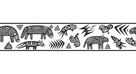 Whimsical tribal animal border design with abstract geometric elements and playful creatures