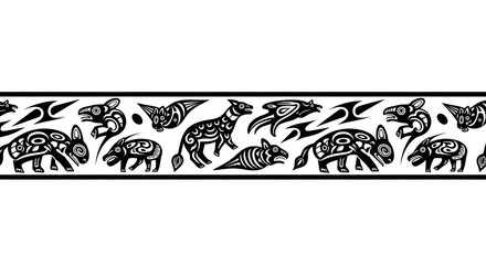 Black and white stylized animal border design with traditional tribal art style, elegant