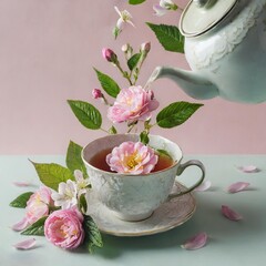 Cup of tea and falling flowers