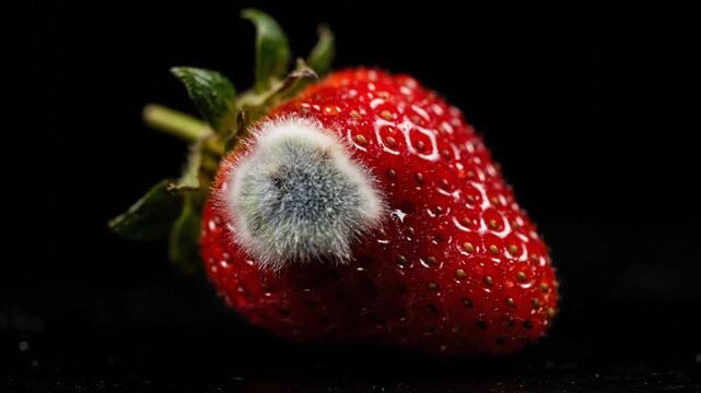 Strawberry side view growing blue green mold patch in close macro time lapse