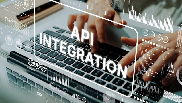 Hands Typing on Laptop Keyboard with Overlaid Graphics for API Integration and Data Analysis. Asymptotic smart data analytic. - Powered by Adobe
