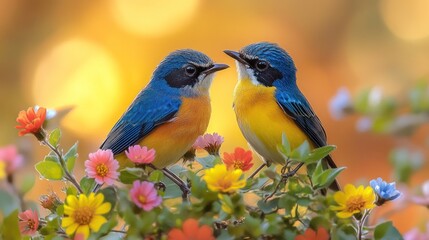 Obraz premium Two Vibrant Blue and Birds Perched Among Colorful Flowers with a Golden Bokeh Background, Capturing a Moment of Serene Nature